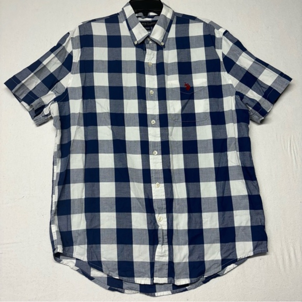 U.S. Polo Assn. Men's Button Down Short Sleeve Pocket Blue Plaid Shirt L - Picture 1 of 7